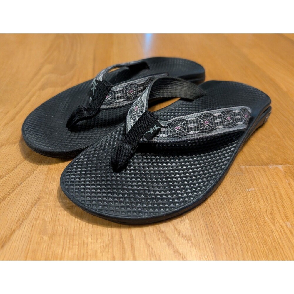 Chaco Black Flip Flop Sandals with Gray Patterned Straps